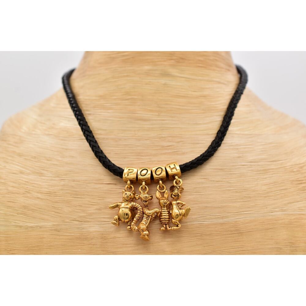 Disney Winnie the Pooh Charm Necklace Black Braided Cord Gold-Tone 1990s BinBE